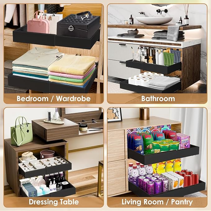 THMINS Expandable Pull Out Cabinet Organizer, 16" Deep Expandable (12.6" - 20.5") 3 Heavy Duty Slide Drawers Pull Out Drawers for Kitchen Storage Cabinet (Black)