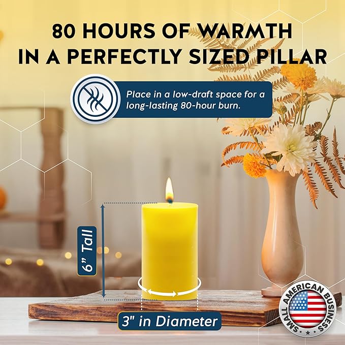 100% Pure Beeswax Pillar Candle – Large 3x6 Inch Handmade Candle with 80-Hour Burn Time – Natural Honey Aroma – Clean & Hypoallergenic – Chemical-Free– Natural Air Purifier – Alternative Imagination
