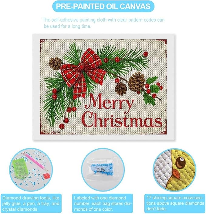 AIVKIEJK Diamond Painting Kits for Adults - Merry Christmas Holly, Pine Cones & Red Plaid Bow Painting DIY 5D Full Drill Diamond Dots Paintings with Diamonds Gem Art and Crafts Home Decor 12"x16"