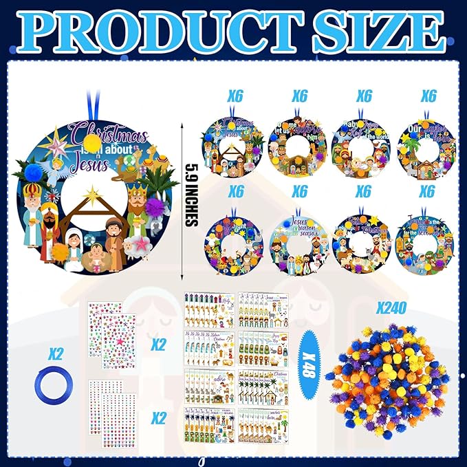 Hollowfly 48 Sets Nativity Crafts Kits Religious Jesus DIY Wreath Signs Hanging Ornaments Make Your Own Nativity Scene Sticker Craft for Holy Night Christian Easter Party Favors Activities