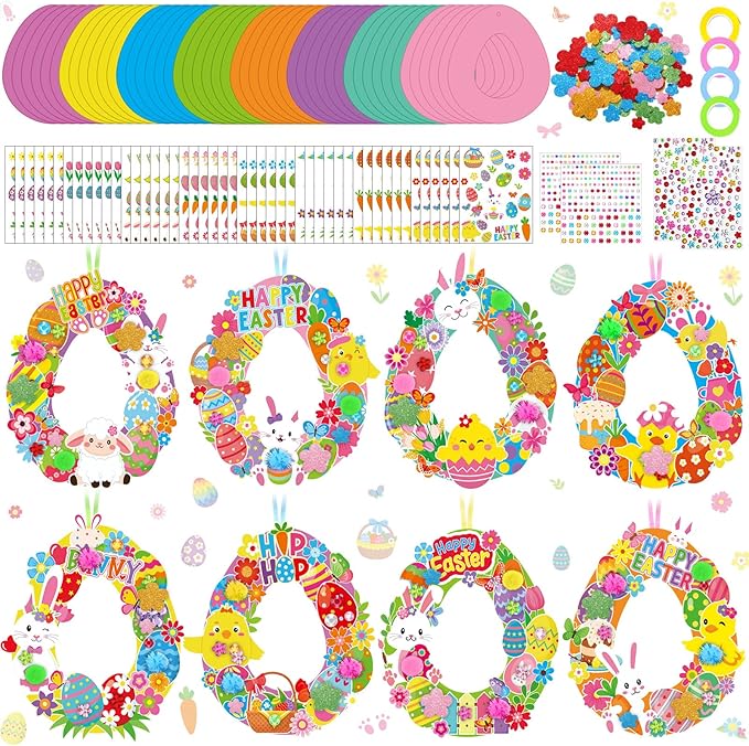 Hollowfly 48 Sets Easter Wreath Craft Kits DIY Easter Egg Wreath Hanging Ornaments Make Your Own Paper Craft with Stickers for Holiday Party Favors Home Activities Front Door Decor