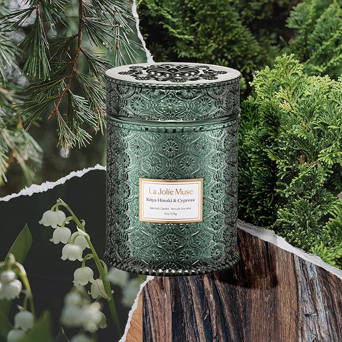 LA JOLIE MUSE Kōya Hinoki & Cypress Candle | Pine, Hinoki & Cedarwood | 19 oz Wooden Wick Soy Candle | 90-Hour Burn | Daily Relaxation & Cozy Ambiance