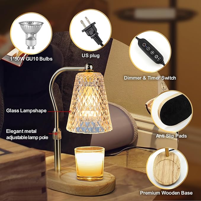 Candle Warmer Lamp with Timer, Adjustable Candle Warmer Lamp with 1 Bulbs,2/4/8-Hour Timing Function,4-Level Dimmable, Adjustable Height