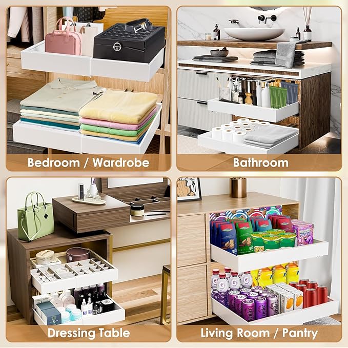 THMINS 2 Pack Expandable Pull Out Cabinet Organizer, 21" Deep Expandable (12.6" - 20.5") 3 Heavy Duty Slide Drawers Pull Out Drawers for Kitchen Storage Cabinet (White)