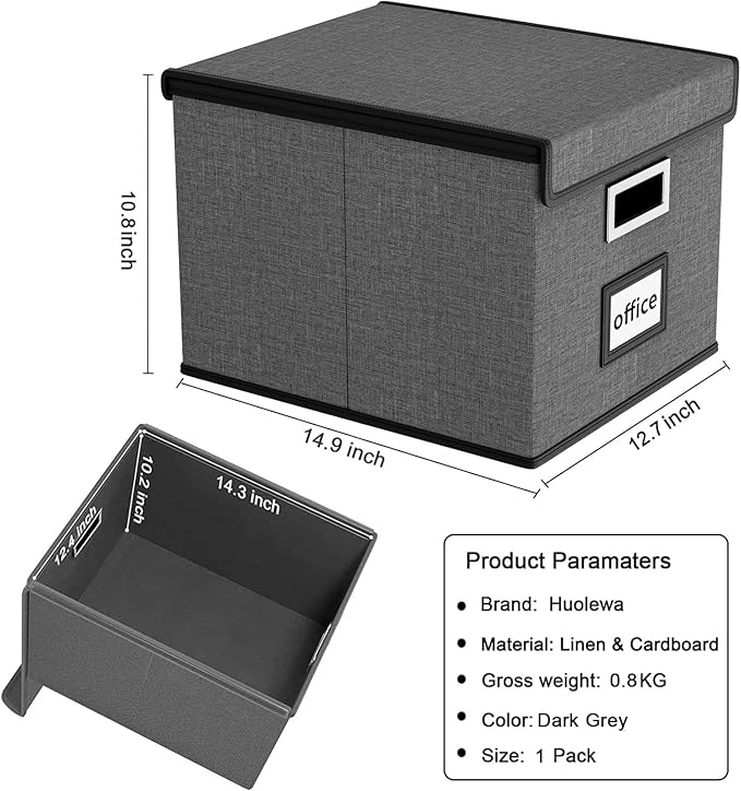 Huolewa File Organizer Box with Lid, Collapsible File Folder Organizer for Office Document Storage, Filing Box with Plastic Slide for Letter Size Hanging File Folders(1 Pack, Dark Grey)