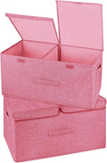 2 Pack Storage Boxes with Lids and Handles, Collapsible Linen Storage Bins Organizer Containers Baskets Cube with Removable Divider for Home Bedroom Closet Office (Pink, Large)