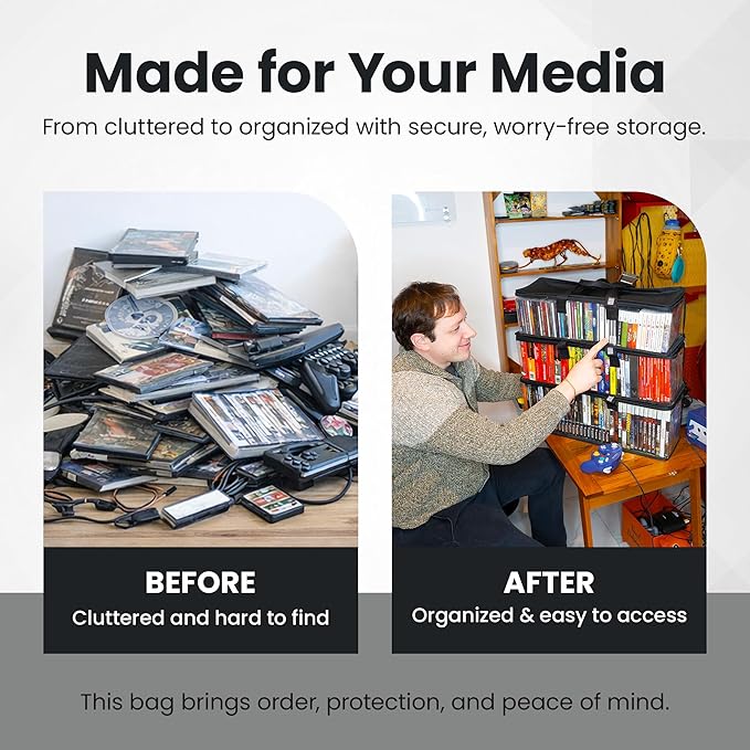 Made Easy Kit CLEAR VIEW Media Storage Bag for CDs, & Video Game Cases- Protect your Collection & Preserve the Quality of your Cases - Stackable, Space-Saving, Fits 50 (Black CD, 2-Pack)