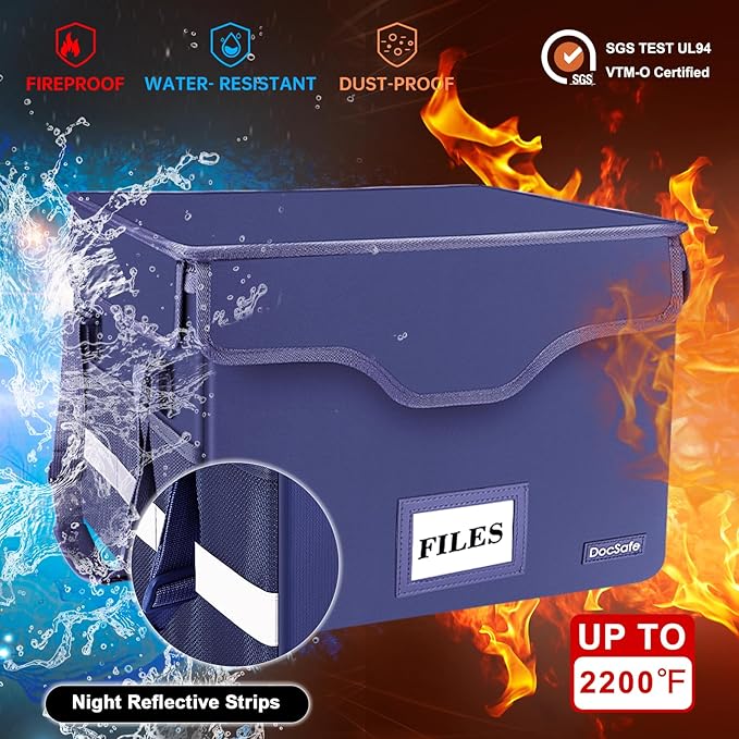 DocSafe Fireproof Document Box with Lock, File Storage Organizer with Mesh Pockets, Collapsible Portable File Box Home Office Safe Filing Cabinet with Handle for Hanging Letter/Legal Folder, Blue