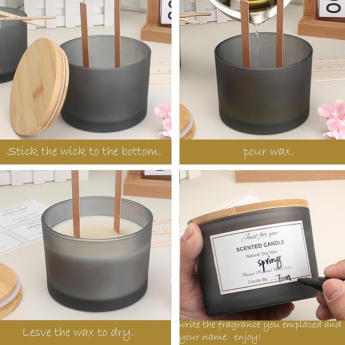 MILIVIXAY 6 Pack 16 oz Candle Jars with Bamboo Lids and Candle Making Kits - 3 Wick Candle Jar Bulk Empty Frosted Grey Thick Glass jars - Spice, Powde Spice, Powder Containers.