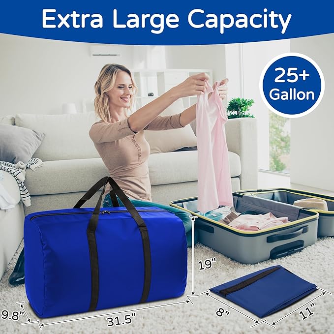 2 Pack 96L Extra Large Moving Bags with Zippers & Carrying Handles for Storage, Packing, Traveling, Camping, Langdry, Big Heavy Duty Moving Totes Bags for Clothes, Supplies and Space Saving Blue