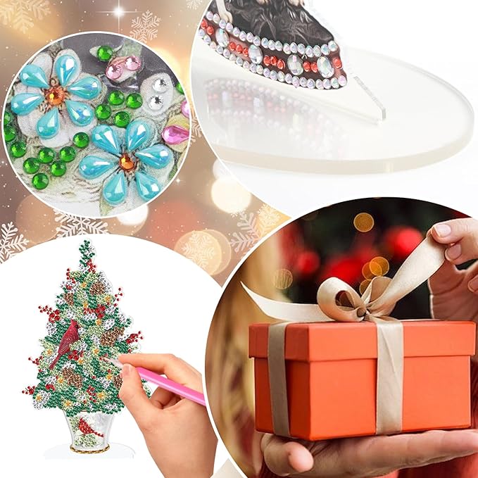 DIY Diamond Painting Tabletop Ornament Kit, Acrylic Diamond Art Desktop Ornaments Christmas Tree with Cardinals, Special Shaped Crystal Diamond Painting Table Top Home Office Christmas Decor