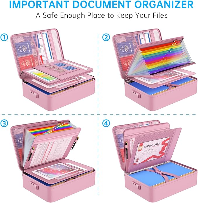 ENGPOW Fireproof File Organizer Bag with 13 Colorful Pockets Accordion File Folder,5200℉ Document Organizer Box with Lock&Labels,Multi-Layer Portable Home Safe Storage for Important Documents,Pink