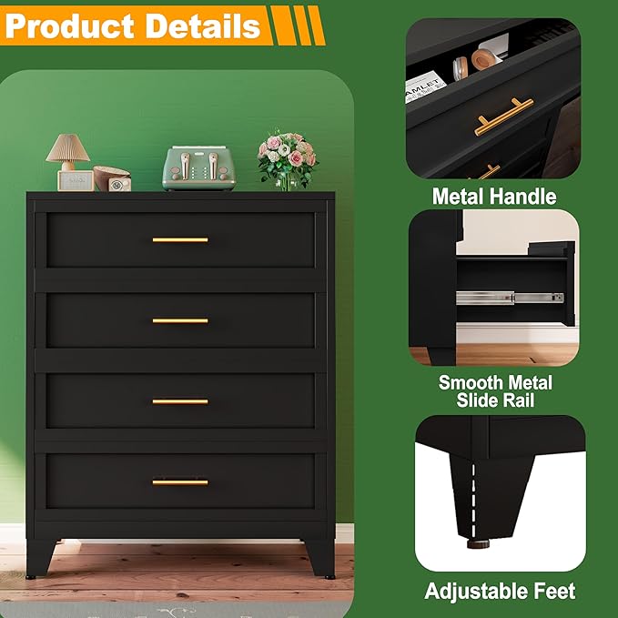 Ckzbx Metal Dresser Tall Black Dresser for Bedroom Chest,43.11" H Drawer Chest, Closet Dressers & Chests of Drawers for Living Room, Hallway (4 Drawers)