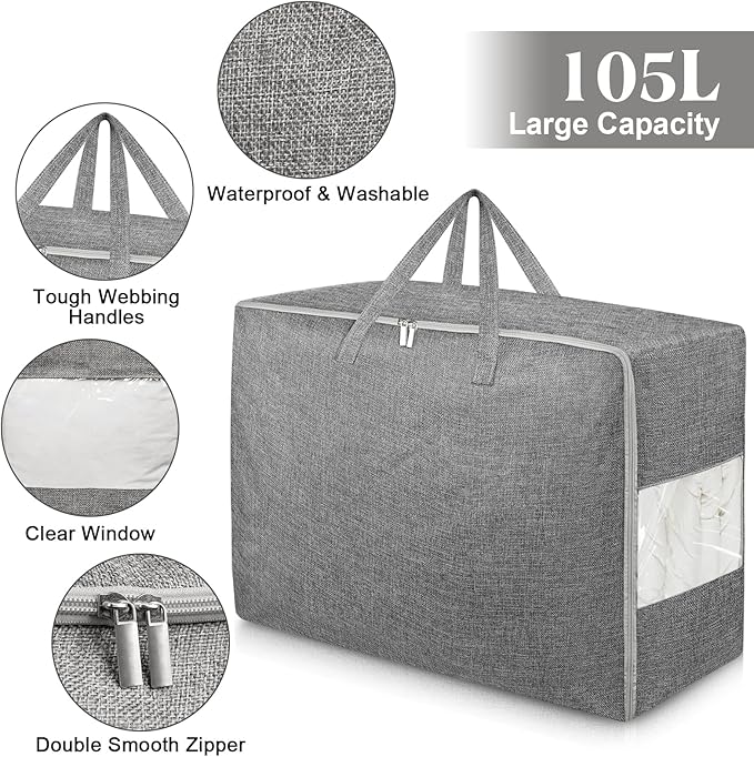 8Pack 105L Extra Large Storage Bags, Folding Moving Comforter Blanket Storage Bags Closet Organizers and Storage Containers for Clothes with Strong Handles&Zippers Clear Window for Bedding Pillow Grey