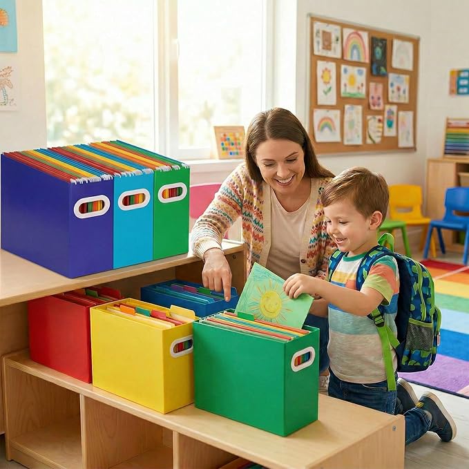 Hanging File Organizer Box, 6 Pack Colorful Cardboard File Folder Holder for Letter Size, Portable Desk Document Storage with Handles, for Office,Home,School