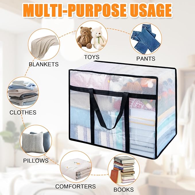 6 Pack Clear Blanket Storage Bags, 60L Plastic Comforter Clothes Storage Bags Underded Moving Bags Closet Organizers and Storage Zippered Sturdy Handle for Bedding, Clothes, Linen, Toys, Quilt, Duvet