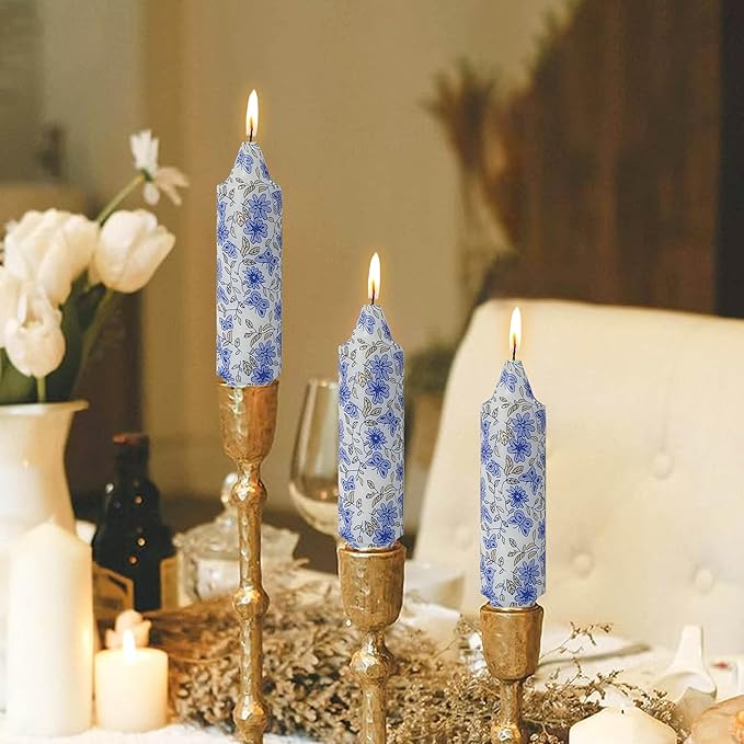 5 inch Short Candle Floral Candle Sticks Printed Candlestick Handmade Unscented Taper Candle 4 pcs Blue Flower Tapered Candles for Home Dinner Wedding Holiday