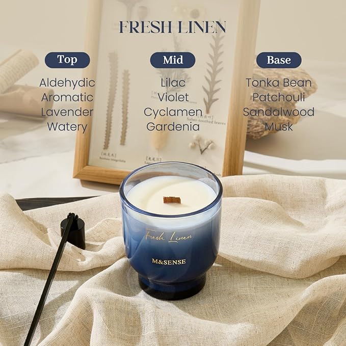 M&SENSE 9.88oz Natural Soy Wax Jar Candle with Wooden Wick | Fresh Linen Scent | 55-Hour Burn & Long-Lasting Burn | Housewarming Gift for Men and Women