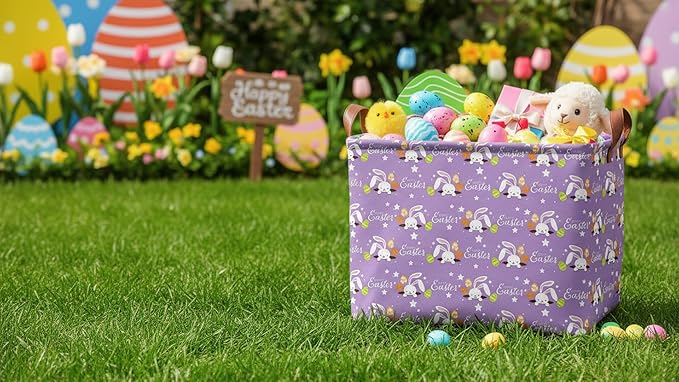 Rectangle Storage Basket with Handles,Collapsible Storage Bin,Books Box,Gift Basket(Purple Easter)