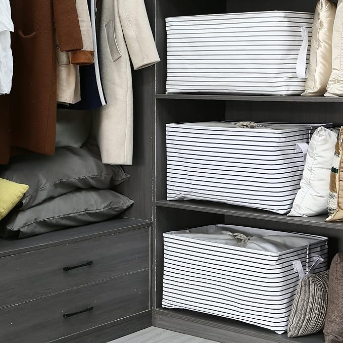 Hinwo 102L XXL Storage Bins, 4-Pack Closet Organizers and Storage, Foldable Clothes Storage Baskets with Handles, Containers for Clothing, Blanket, Comforters, Toys, Bedding (Gray Stripe)