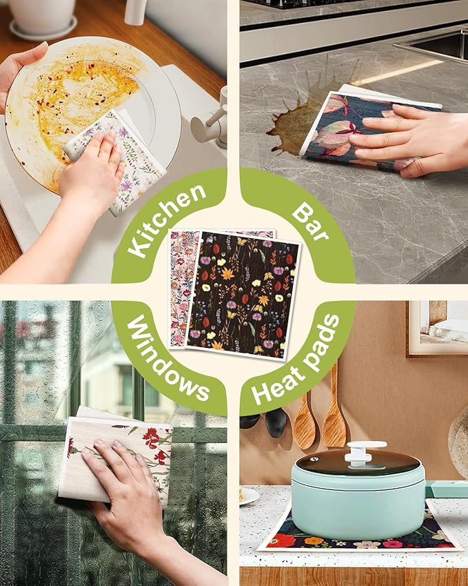 Miss Adola 8 Pack Reusable Kitchen Swedish Dishcloths for Washing Dishes - Absorbent Fast Drying Cleaning Sponge with Cute Flower Design - Washable Decor Cloths
