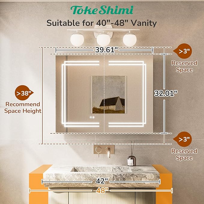 TokeShimi 40x32 Inch LED Medicine Cabinet with Lighted Mirror, 3 Color Stepless Dimming Bathroom Cabinet with Defogger Tempered, CRI 80+, Anti-Fog, Memory Funtion, Wall Lit Mirror with Storage