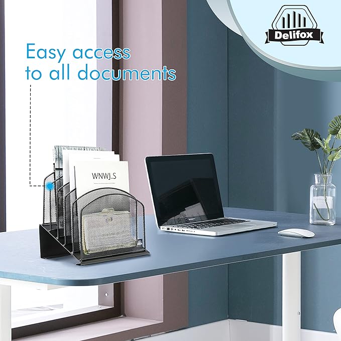 Delifox Inclined Desk File Organizer,Vertical File Folder Holder Stand Metal Rack File Sorter for Office Classroom Desktop Organization