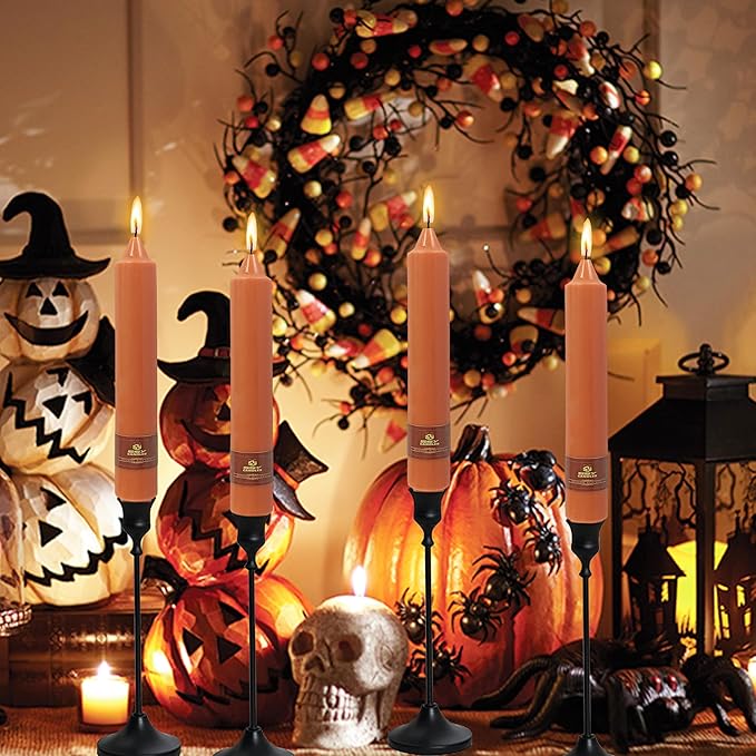 4 Pack Handmade Pumpkin Taper Candles Sticks Unscented 9 inch Tapered Candle Ideal as Dinner Smokeless Long Burning Candlesticks for Halloween Thanksgiving Dinner Autumn Wedding Home Decor Candles