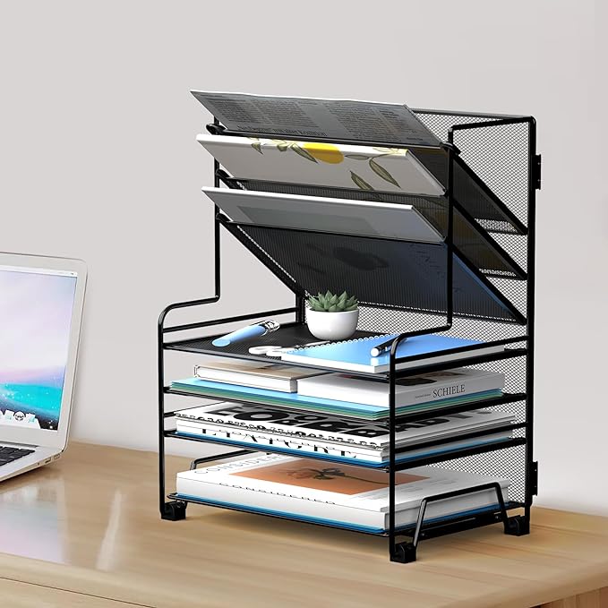 MINDEPOT 4-Tier Paper Organizer + 3-Pocket File Holder + Drawer + Pen Holders, Desktop File Organizers Paper Tray for Office Supplies School Classroom Organization (Black, No Drawer & Pen Holder)