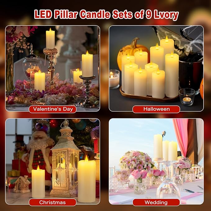Rechargeable Flameless Candles with Remote and Timer, 9-Pack Flickering LED USBC Pillar Candles Coated with Real Wax for Halloween, Christmas, Home, Wedding & Holiday Decor (Six Sizes, White)
