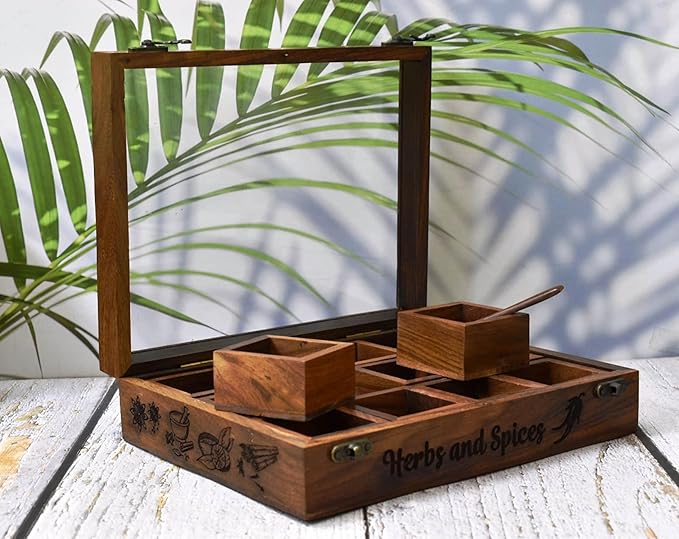 India House-Wooden Spice Box/Rose Wood Engraved Spice Boxes Housewarming Gift, Mother’s Day Gift seller MADE IN INDIA- 12 container