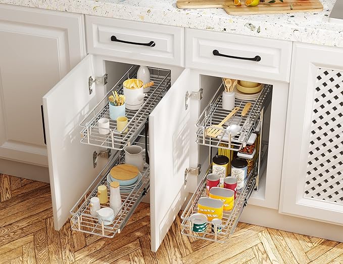 LOVMOR Individual Pull Out Cabinet Organizer, 2 Tier Slide Out Cabinet Drawers, Pots and Pans Organizer and Storage Pantry Shelf for Kitchen (12½" W x 21½" D)