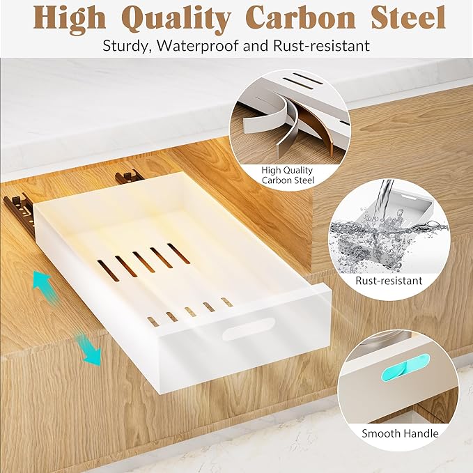 HBL' 2 Pack | 21" Deep Pull Out Cabinet Organizer Adhesive, 12-Inch Wide Sturdy Carbon Steel Roll-Out Drawers for Face Frame or Frameless Cabinets,Slide-Out Shelves for Pantry.