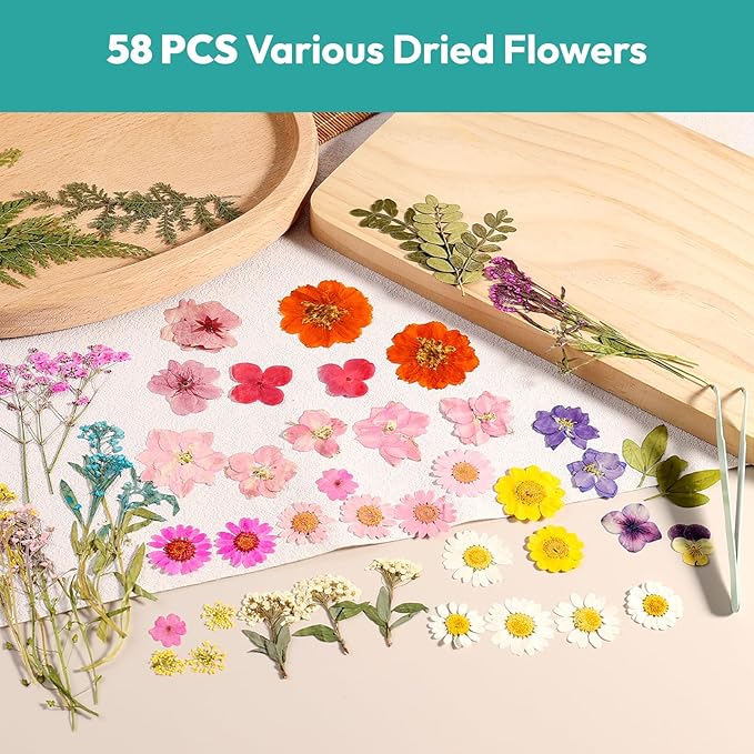 Dried Flowers, Resiners 58Pcs Pressed Flowers for Craft Pink Real Natural Dried Flowers Dry Leaves Kit for DIY Making Crafts Resin Soap Candle Scrapbook Supplies Card Making Jewelry