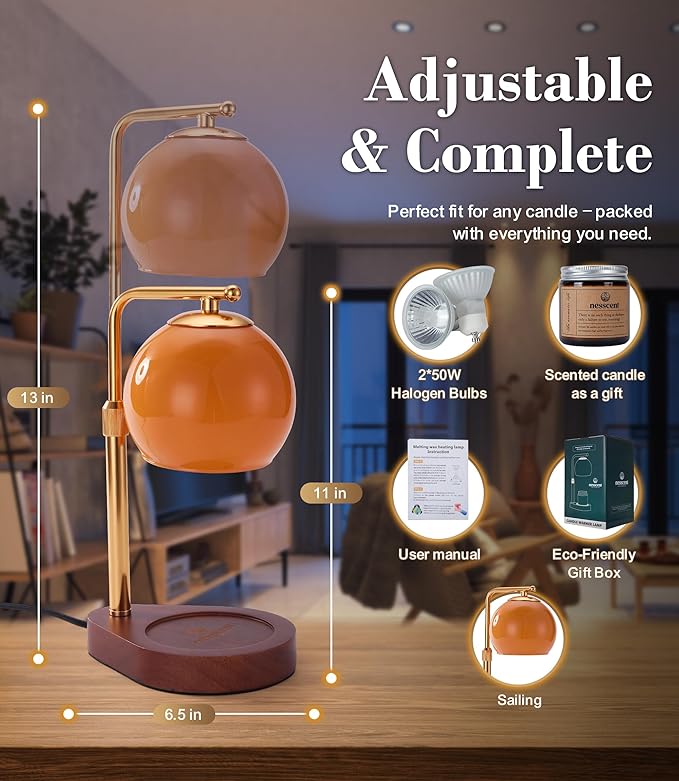 Amber Glass Candle Warmer Lamp Adjustable Height Dimmer 2 4 8 Hour Timer Dark Wood Base Wax Melter Includes Scented Candle and 2 Bulbs for Cozy Bedroom Living Room Home Decor
