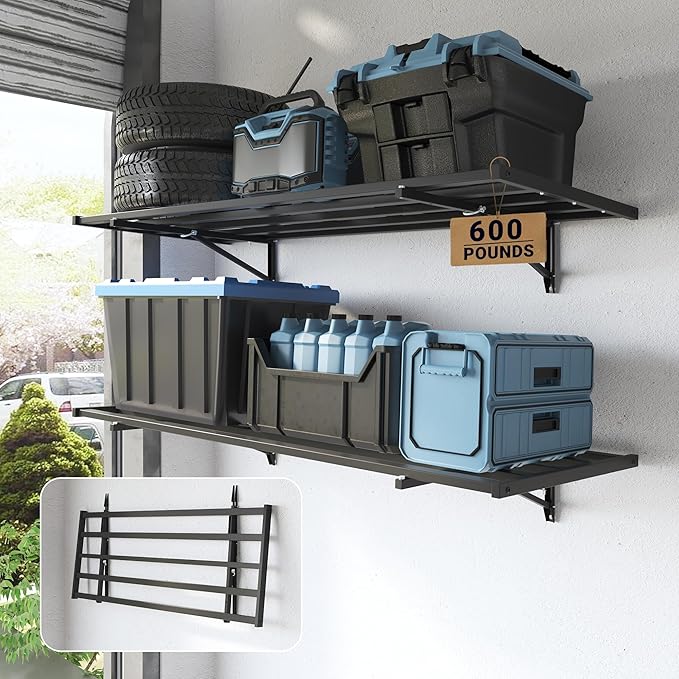 FLEXIMOUNTS Fold-Down 2x4ft Garage Wall Shelving, 2-Pack Heavy Duty Folding Garage Shelving Wall Mounted, 600 lbs Capacity, Storage for Power Tools, Garden Supplies & Seasonal Storage, Lite Series
