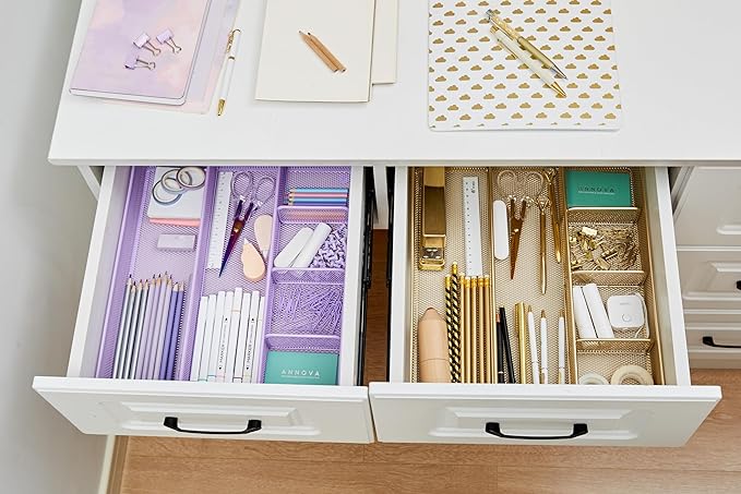Annova Desk Top Organizer/Storage Tray - Metal Mesh with Dividers for Pens, Desktop Accessories, Bathroom, Kitchen, Makeup and Office Supplies (Large, Light Purple)