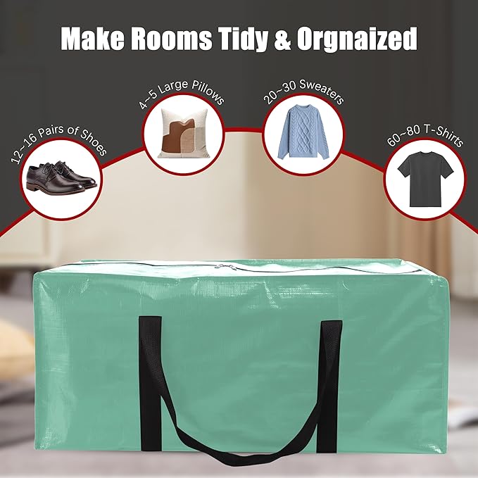 PANDA JOYS 12 Pack Extra Large Moving Bags with Zippers & Carrying Handles, Heavy-Duty Storage Tote for Space Saving Moving Storage, Fold Flat, Alternative to Box and Bin,Teal