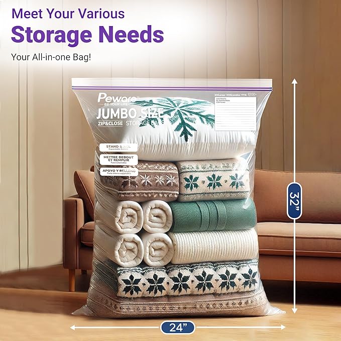 Large Storage Bags, 24"x32" Jumbo Plastic Bag, BPA Free, 20 Gallon 3XL Zipper Lock Baggies for Clothes Pillow Travel Moving - 30 Mega Bags