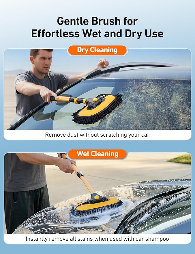 AstroAI 15°Curved Car Wash Brush with 43" Long Handle and 90° Rotating Replaceable Brush Head, Car Wash Kit with Microfiber Towel and Tire Brush for Car, SUV, RV, Floor Cleaning, Yellow