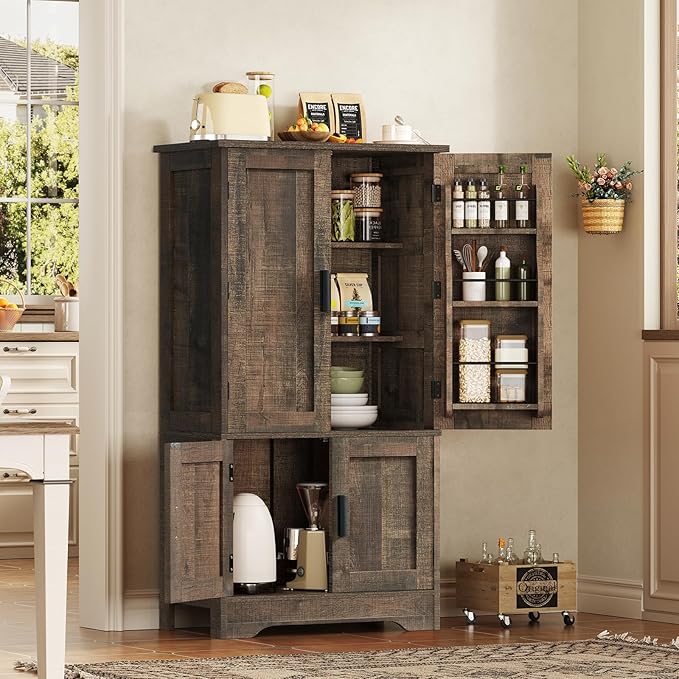 TEENFON Storage Cabinet with 4 Doors, 43.3" H Farmhouse Kitchen Cabinet with 6 Door Shelves, Kitchen Storage Cabinets with Adjustable Shelves, for Living Room, Antique Oak