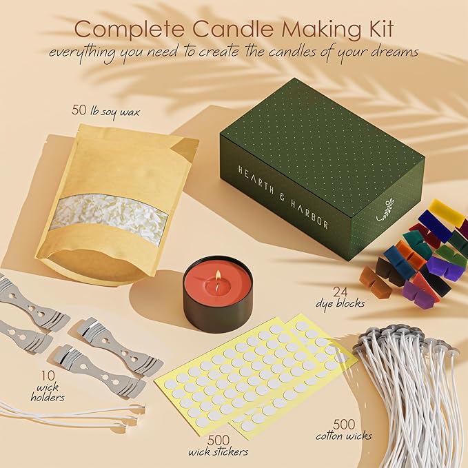 Hearth & Harbor Natural Soy Wax and DIY Candle Making Supplies - 50 Lbs Soy Candle Wax Flakes, 24 Candle Wax Dye Blocks, 500 Cotton Wicks, and 10 Metal Centering Device