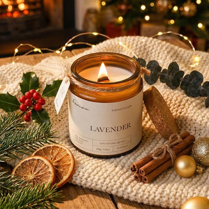 Scented Candle, 7.05 oz Lavender Aromatherapy Candle, Natural Soy Wax with Wooden Wick, Candles for Home Scented, Stress Relief Amber Jar Candle Gifts