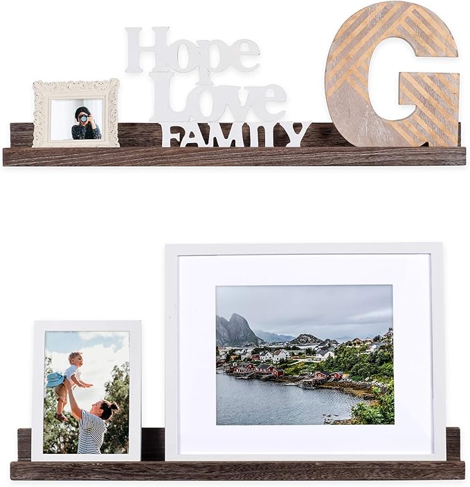 Rustic State Ted 24" Wall Mount Narrow Picture Ledge Photo Frame Display - Wooden Floating Shelves for Living Room Office Kitchen Bedroom Bathroom Décor - Distressed Brown - Set of 2