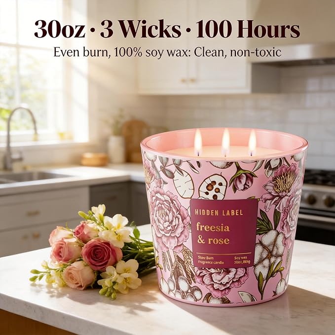 Scented Candle for Women, 30oz 3-Wick Natural Soy Wax, Up to 100 Hours Long-Lasting Clean Burn, Non Toxic Large Jar Aromatherapy Candle, Freesia Rose, Gifts for Women