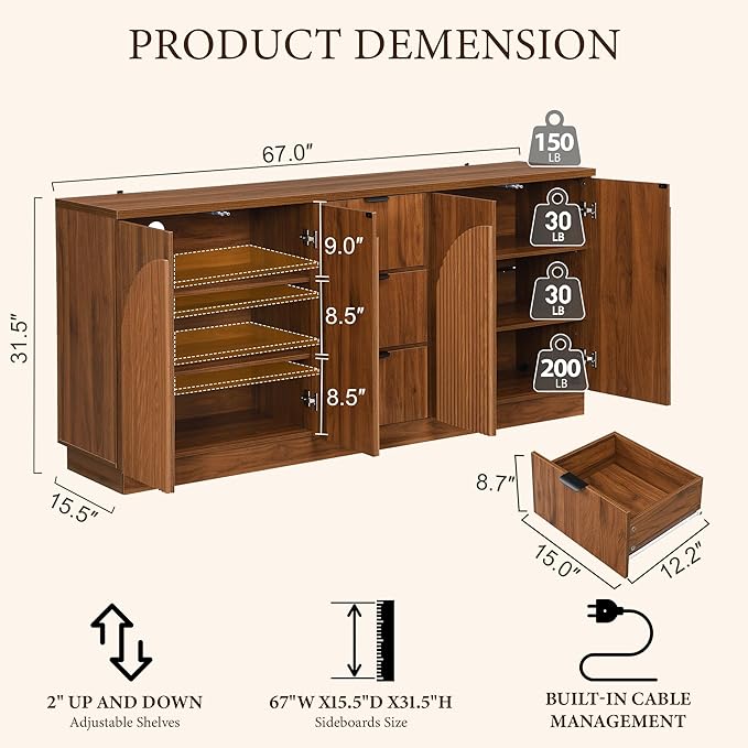 Brafab 67" Mid Century Modern Style Storage Sideboard with 4 Arched Reeded Design Doors and 3 Drawers with Adjustable Shelves, Suitable for Living Rooms, Studies and Dining Rooms (Walnut, 2 PCS)