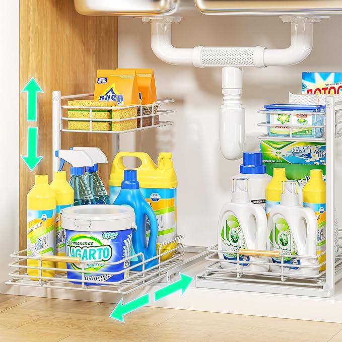 Delamu Under Sink Organizer, Height Adjustable Under Sink Organizers and Storage, Slide Out Under Sink Storage Shelf for Kitchen Bathroom Pantry Cabinet