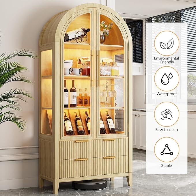 LVSOMT 71" Tall Arched Storage Cabinet with Glass Doors and Drawers, Curio Display Cabinet with Adjustable RGB Light & Human Sensor, 4-Tier China Cabinet for Living Room(Wood)