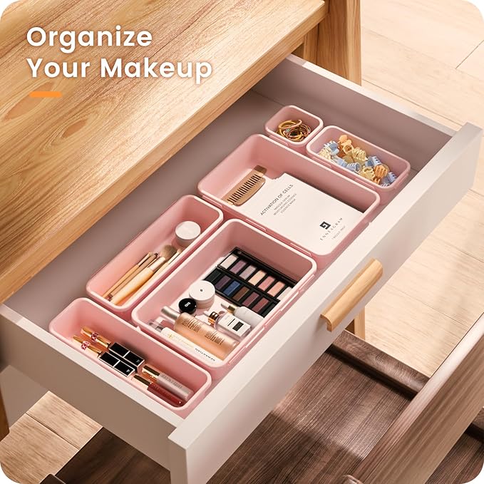 【𝟮𝟴𝗣𝗖𝗦】 【𝟱𝗦𝗶𝘇𝗲】 Pink Drawer Organizer, Makeup organizer, 【Holds 177 Items】 Bathroom Organizers and Storage, Plastic Desk Organizer Divider, Organizer Bins for Office Vanity A-LUGEI