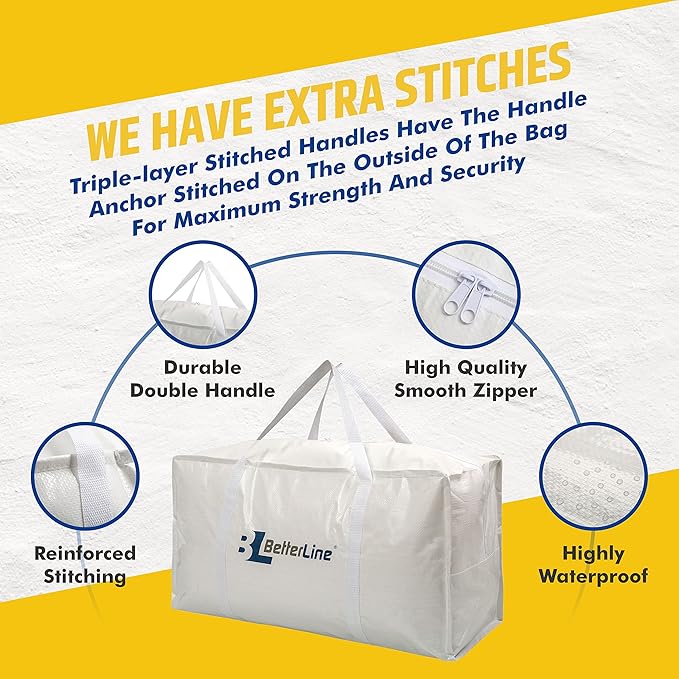Heavy Duty Moving and Storage Bag - 29"x13"x15" Inches Tote with Reinforced Handles - Holds up to 65 lbs. - Tear and Water Resistant - Multi-Purpose and Foldable Double Zipper Polypropylene Bag